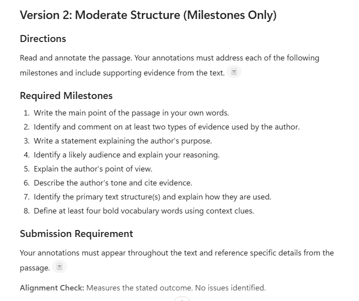 Version two of the assignment, showing the same eight tasks presented as milestones without a template, plus one added submission requirement.