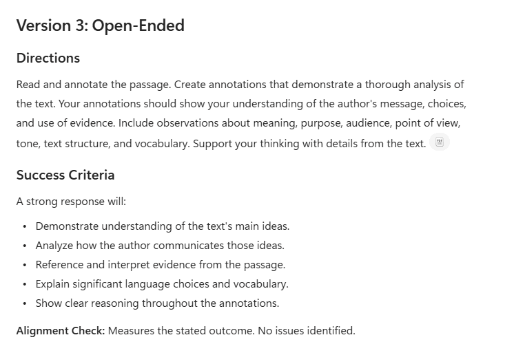 Version three of the assignment, showing one paragraph of directions and five success criteria describing a strong response.